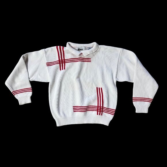 Vintage 1980s Sweater White Red Stripes idioms Retro Preppy Size Medium Retro - Picture 2 of 10